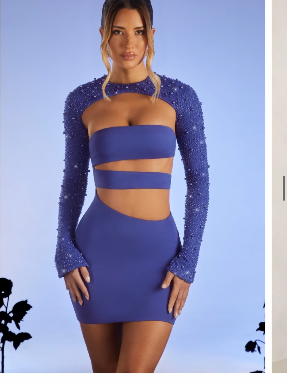 Oh Polly Royal Blue Beaded Long-Sleeve Cutout Bodycon Dress